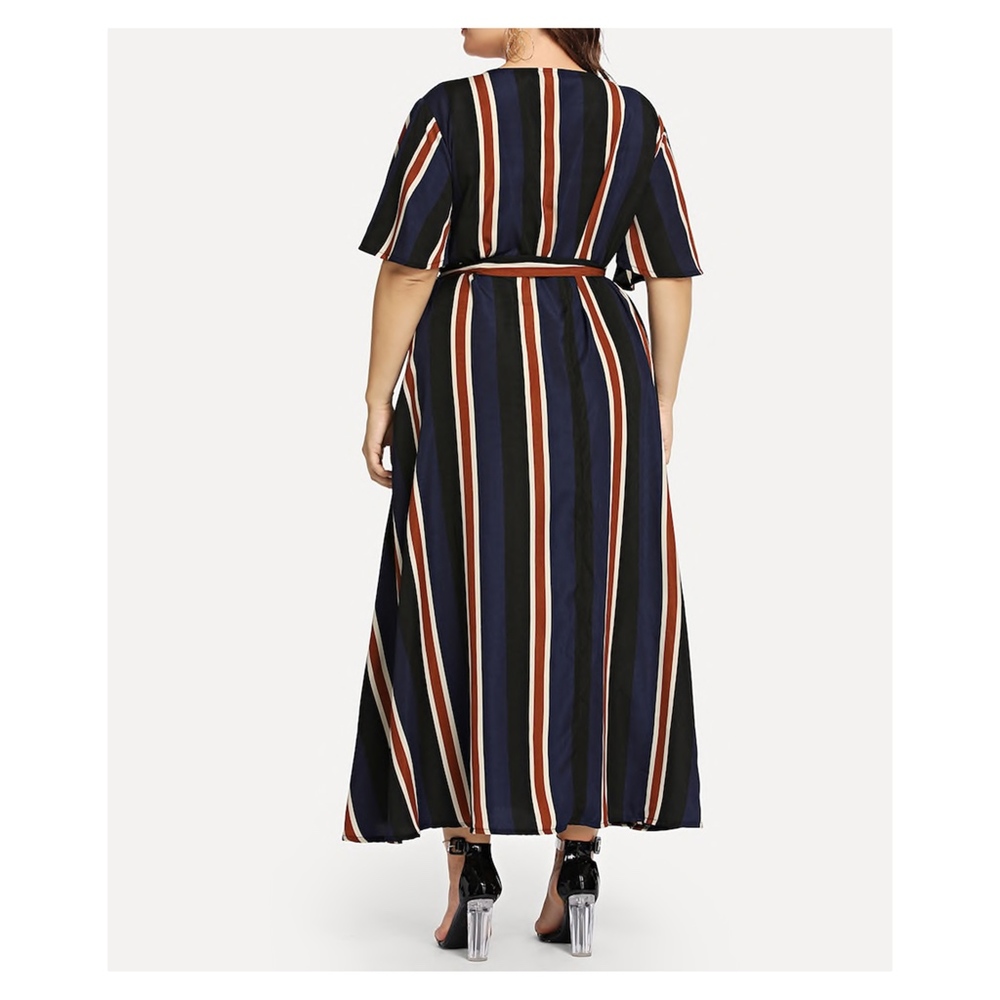 Blue Striped V Neck Wrap Plus Size Maxi Dress - Picture 2 of 5